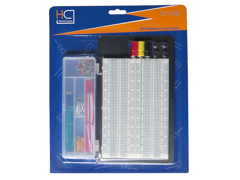Protoboard Doble con Base de Metal en Blister con Cables Jumpers y Bananas (ZY-204J)