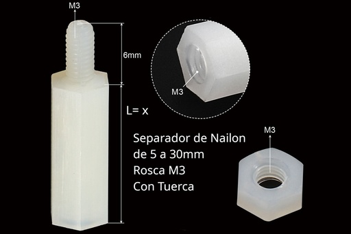 [MTPM310] Separadores de nylon para Impreso de 10mm + 6mm (rosca) x M3